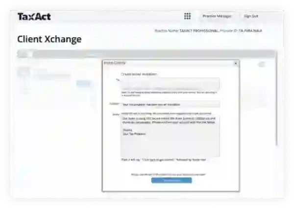 Screen capture of a TaxAct professional Client Xchange dashboard with a popup to invite clients